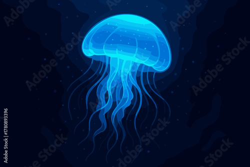 Ethereal Blue Jellyfish. Vibrant blue jellyfish glowing under dark ocean waters, ethereal vector illustration and otherworldly