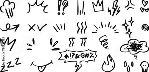 Hand drawn comic doodle elements set for various expressive design