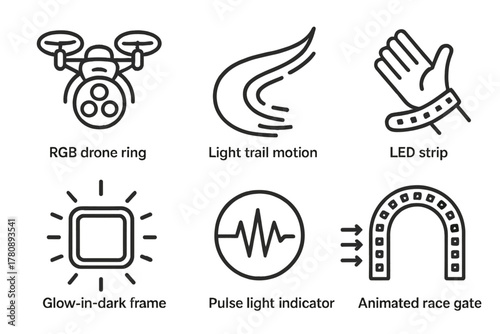 LED Line Art Icons. Line style icons of LED lights and visuals: RGB drone ring, light trail motion, LED strip arm, glow-in-dark