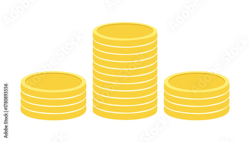 Flat design of gold coins in ascending and descending stacks symbolizing profit and balance.