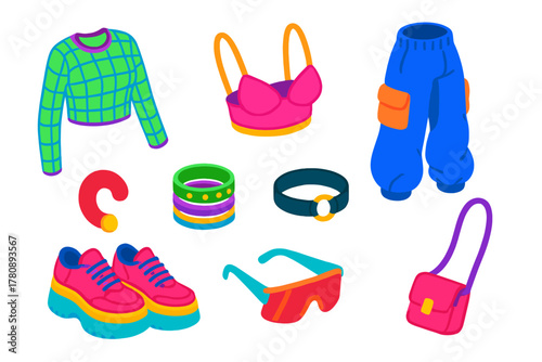 Bold Street Fashion Icons. Isometric vector illustration set Street fashion – mesh layering top, bralette, baggy pants; choker