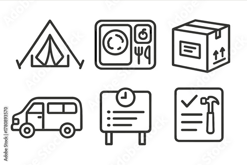 Field School Icons. Line style icons of field school logistics: student tent icon, camp meal tray, supply box label, transport van