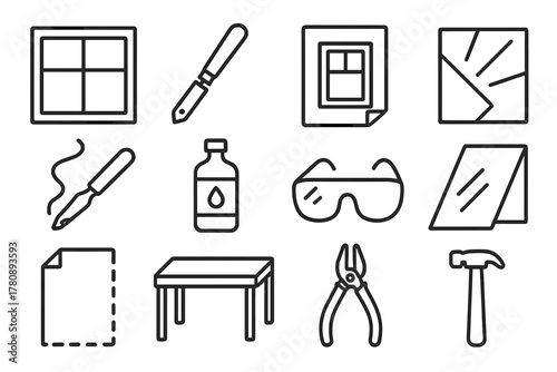 Window Design Tools. Line style icons of Window Design: Lead Frame, Glass Cutter, Cartoon Draft, Light Rays; Soldering Iron, Flux,
