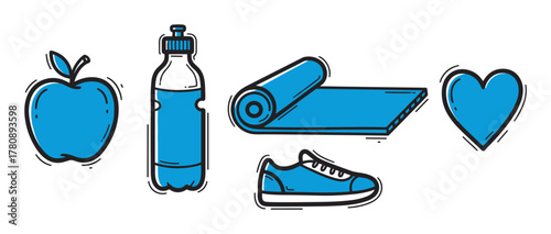 Simple sketch-style icons of a blue apple, water bottle, yoga mat, sneaker, and heart, representing health, fitness, and well-being.