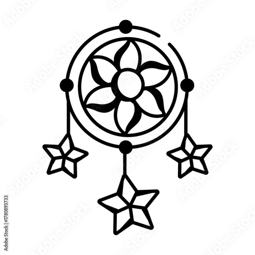 A hand drawn icon showing a dreamcatcher with hanging stars 