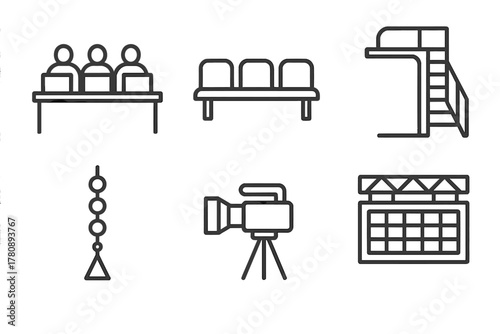 Diving Competition Icons. Line style icons of diving competition setup: judges’ table layout, athlete bench row, platform stair