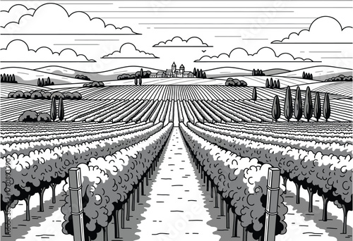“Monochrome Vineyard Fields – Endless Rows in Black and White Serenity”