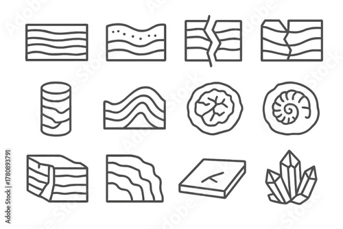 Geological Layer Icons. Line style icons of geological layers: rock strata, sediment line, fault crack, mineral vein; core sample,