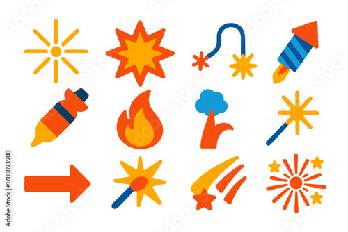 Flat Pyrotechnic Icons. Flat vector icons of combustion pyrotechnics: spark, explosion, fuse, rocket, mortar shell, flame, smoke