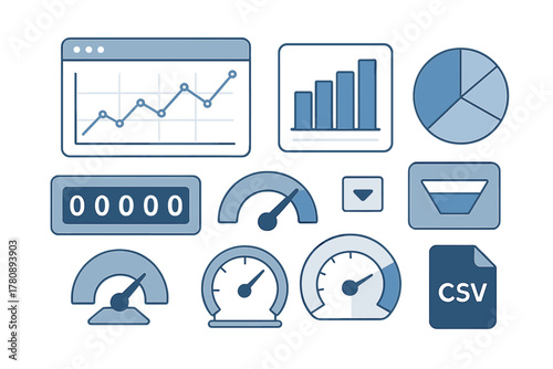 Media Analytics Dashboard. Isometric vector illustration set News and media – media analytics dashboard: line graph, bar chart,