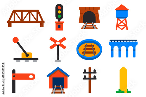 Railway Infrastructure Icons. Flat vector icons of Railway Infrastructure: rusted bridge, signal tower, tunnel entrance, water