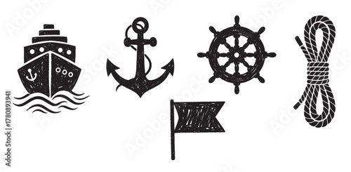 Set of nautical icons with a ship, anchor, steering wheel, flag, and coiled rope, illustrating maritime themes and seafaring elements.