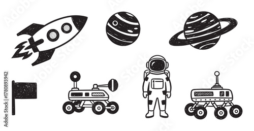 Hand-drawn space-themed doodles featuring a rocket, planets with rings, an astronaut, a flag, and two rovers on wheels.