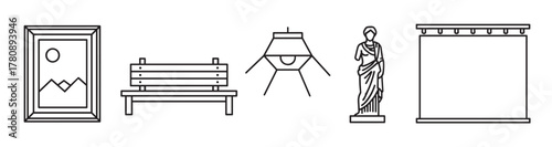 Black outline vector icons of a framed landscape picture, a wooden park bench, a modern pendant lamp, a classical statue, and a horizontal window blind.