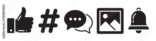 Black and white icons representing a thumbs-up, hashtag, speech bubble, photo frame, and notification bell in a horizontal arrangement.