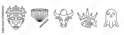 Black outline icons of tribal mask, drum with stick, bull head, crowned fish, and ghost for cultural and creative themes.