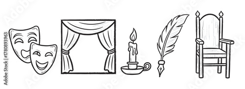Black outline vector illustration of theatrical masks, curtain, candle, quill, and ornate chair, symbolizing drama and literature themes.