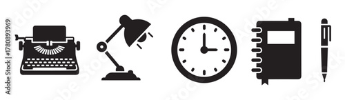 Black silhouette icons of a typewriter, desk lamp, clock, notebook, and pen, representing office supplies and work-related concepts.