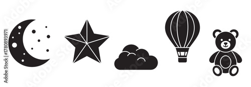 Black silhouette icons of a crescent moon with stars, a five-pointed star, a cloud, a hot air balloon, and a teddy bear arranged in a row.