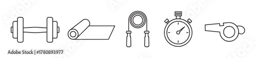 Black outline illustrations of a dumbbell, exercise mat, jump rope, stopwatch, and whistle arranged in a row, representing fitness and workout essentials.