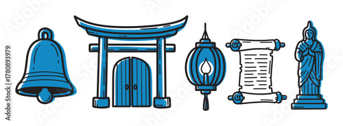Traditional japanese icons including a temple bell, torii gate, paper lantern, ancient scroll, and buddha statue in a blue and black minimalist style.