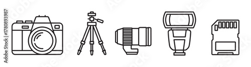 Black outline icons of a camera, tripod, camera lens, flash, and memory card in a linear style.