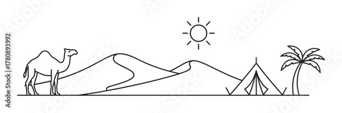 Black outline vector icon depicting a desert scene with a camel, sand dunes, a tent, and palm trees under a sun. minimal design for travel and adventure themes.