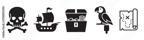 Black silhouette icons of classic pirate symbols, including a skull with crossbones, sailing ship, treasure chest, parrot, and a map marked with an 'x.'