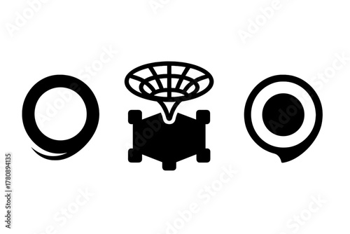 Theoretical Extrapolation Icons. Solid style icons of theoretical extrapolation: beyond-photo ring, simulation data slab, future