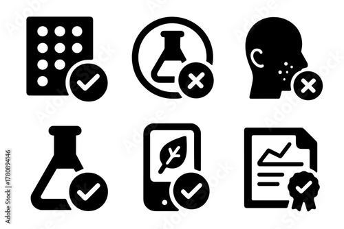 Allergen-Free Verification Icons. Solid style icons of allergen-free verification: allergen panel chart, lab-tested badge,