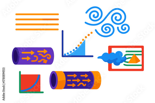 Fluid Flow Dynamics. Isometric vector illustration set Laminar vs Turbulent Flow: smooth parallel streamlines, chaotic eddy swirls
