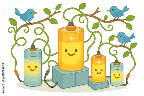 Cheerful Battery Wonderland. Battery storage facility with cheerful batteries glowing, wires as vines, and birds charging on