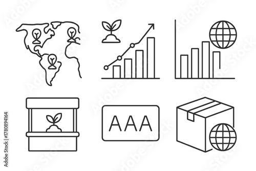 Global Vertical Farming Icons. Line style icons of global vertical farming trends: international map with icons, trend chart rise,