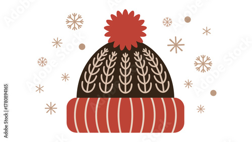Cozy Winter Hat: A warm and stylish winter hat, adorned with intricate patterns and a playful pom-pom, set against a backdrop of delicate snowflakes.
