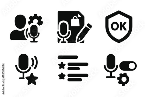 Voice Command Icons. Solid style icons of voice command customization: user setting voice profile, shopping phrase editor, command