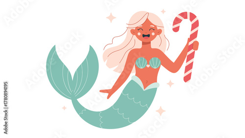 Candy Cane Mermaid: A whimsical illustration of a mermaid joyfully holding a candy cane, exuding playful charm. Its design with gentle colors, offering a sense of delight and imagination.
