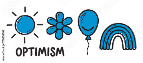 Blue hand-drawn doodles of a sun, flower, balloon, and rainbow accompanied by the word optimism with bold outlines.