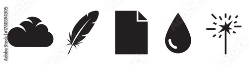 Black silhouette icons representing a cloud, feather, piece of paper, water droplet, and magic wand in a simple, minimalistic design.