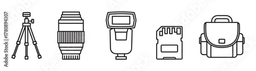 Black outline vector icons illustrating a tripod, camera lens, flash, memory card, and camera bag. essential elements for photography equipment and accessories.