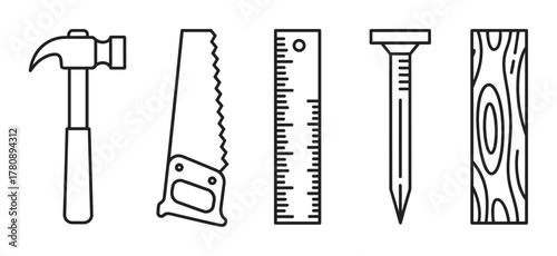 Black outline icons of a hammer, saw, ruler, nail, and wood plank, representing essential carpentry tools.
