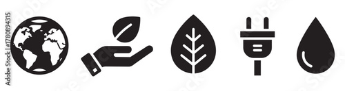 Black outline icons representing sustainability concepts, including earth, a leaf in a hand, a leafy plant, an electric plug, and a water droplet.