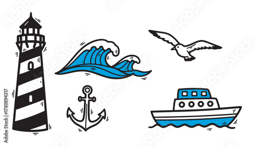 Nautical-themed illustration featuring a striped lighthouse, ocean wave, anchor, seagull, and ship, highlighted in blue and black outlines.