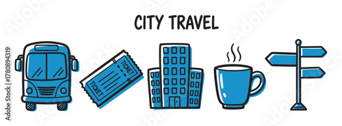 Blue and black outline icons illustrating city travel with a bus, tickets, a building, a coffee cup, and a direction sign.