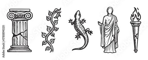 Black and white sketch of a broken greek column, vine, lizard, classical statue, and flaming torch in intricate detail.