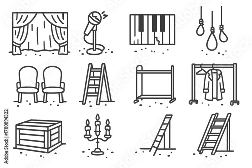 Abandoned Stage Icons. Line style icons of abandoned stage: faded curtain, broken microphone, piano keys, spotlight beam; dusty