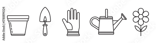 Black outline icons depicting gardening tools including a pot, trowel, glove, watering can, and flower, illustrating garden equipment and plant care essentials.