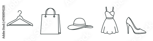 Black outline icons of a hanger, shopping bag, wide-brimmed hat, dress, and high-heeled shoe, representing fashion and shopping concepts.