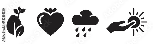 Four black silhouette icons depicting a sprouting plant, a heart-shaped fruit, a rain cloud, and a hand reaching for a shining button.