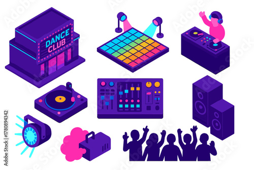 Urban Nightlife Vibes. Isometric vector illustration set Urban nightlife – dance club façade, LED dance floor, DJ booth; turntable