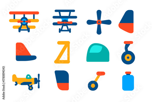 Early Aircraft Icons. Flat vector icons of Early Aircraft: biplane, triplane, monoplane, propeller, tail fin, wing strut, cockpit,
